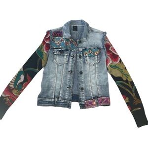 Desigual Denim Jacket Floral Knit Sleeves Embellished Pockets Size 40